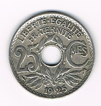 Pièce Française de 25 centimes  Lindauer, émise en 1925  état TB, pièce rare. Descriptif: Edmond-Emile Lindauer, diamètre 24mm - 5g -en cupro-nickel.