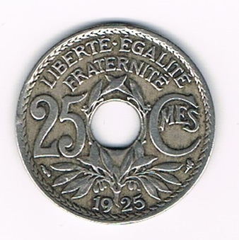 Pièce Française de 25 centimes  Lindauer, émise en 1925  état TTB, pièce rare. Descriptif: Edmond-Emile Lindauer, diamètre 24mm - 5g -en cupro-nickel.