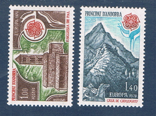 Timbres poste Andorre Français émis en 1978. Réf Yvert & Tellier N° 269 / 270 neufs**. Descriptif: Timbres Europa. Monuments.