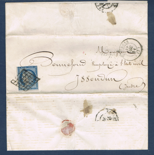 Timbre poste de France. Type Cérès avec oblitérations spéciales grille de 1849. Réf Yvert & Tellier N° 4 sur lettre, type 25 c bleu non dentelé.