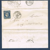 Timbre poste de France. Type Cérès avec oblitérations  spéciales grille de 1849. Réf Yvert & Tellier N°4 sur lettre, type 25 c bleu non dentelé.