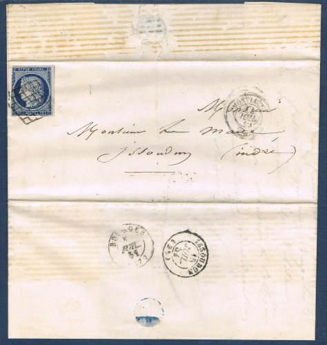 Timbre poste de France. Type Cérès avec oblitérations spéciales grille de 1849. Réf Yvert & Tellier N°4 sur lettre, type 25 c bleu non dentelé.
