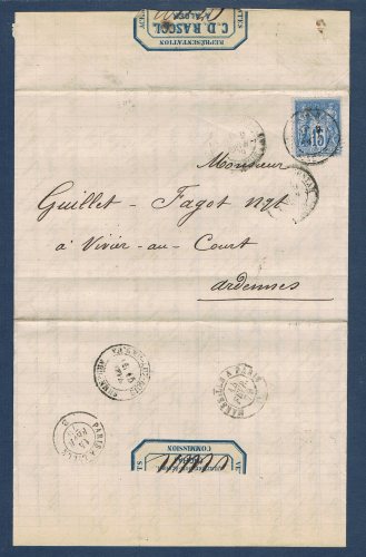 Timbre poste de France sur lettre type Sage 15 c. bleu, avec oblitérations  des Ardennes cachet à date imprimé noir, état de conservation superbe.