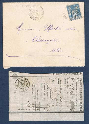 Timbre type Sage 15 c. bleu, sur lettre avec oblitérations  de St Rémy- en - Allier, cachet à date imprimé noir, état de conservation superbe.