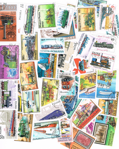 Philatélie pochette de plus de 50 timbres oblitérés, type chemins de fer, trains. Descriptif: Timbres du monde.  Réf du lot G 103.