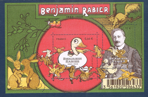 Bloc feuillet. Benjamin Rabier. La poste lui rend hommage pour le 150 ème anniversaire de sa naissance, avec un bloc de 2 timbres.