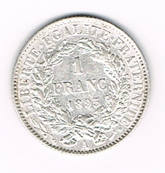 Pièce 1 franc argent, millésime 1995 A. Cérès, troisième république. Descriptif: Tête de la République à gauche en Cérès, déesse des moissons. Lot V.H.2.