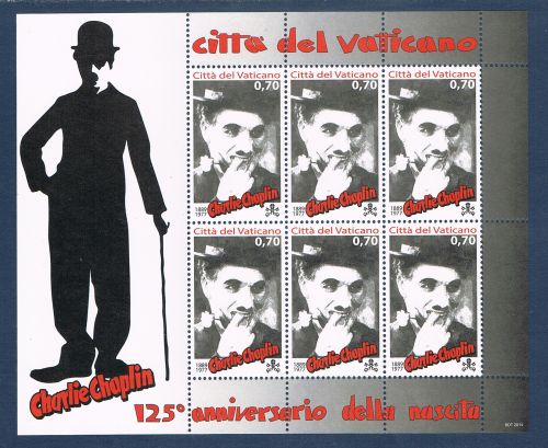 Timbres du Vatican 2014. Mini - Feuille de 6 timbres poste neufs. Commémorent le 125 ème anniversaire de la naissance de Charlie Chaplin. Descriptif: Chartes Spencer Chaplin, naît dans un Faubourg.