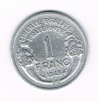 Pièce de monnaies Française type 1 Franc Morlon, légère en aluminium, année 1945 B état superbe. Descriptif: Buste drapé de la République aux cheveux courts à gauche.