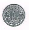 Pièce de monnaie Française type 1 Franc Morlon, légère en aluminium, année 1944 c  état T.T.B.+. Descriptif: Buste drapé de la République aux cheveux courts à gauche.