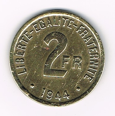 Pièce de monnaie Française type 2 Francs France, bronze - aluminium, année 1944. Descriptif: Dans une couronne formée de deux branches de laurier nouées à leur base par un ruban.