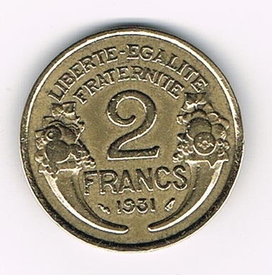 Pièce de monnaie Française type 2 Francs Morlon, bronze - aluminium, année 1931  état T.T.B.+. Descriptif: Buste drapé de la République aux cheveux courts à gauche.