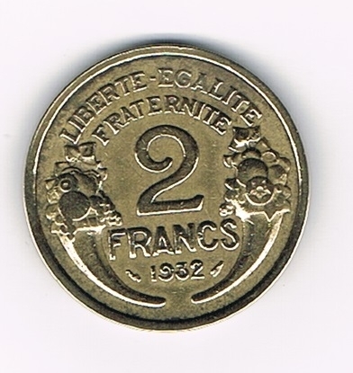 Pièce de monnaie Française type 2 Francs Morlon, bronze - aluminium, année 1932  état  T.T.B.+. Descriptif: Buste drapé de la République aux cheveux courts à gauche.