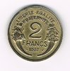 Pièce de monnaie Française type 2 Francs Morlon, bronze - aluminium, année  1937  état T.T.B.+. Descriptif: Buste drapé de la République aux cheveux courts à gauche.