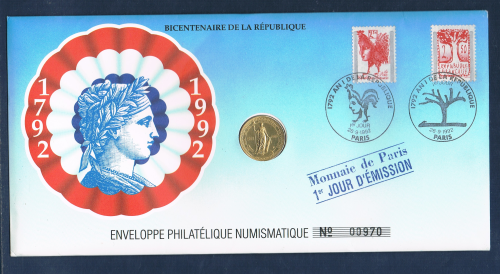 Offre spéciale: Enveloppe philatélique numismatique 1er jour d'émission affranchie de 2 timbres + 1 médaille commémorative frappe en bronze. Frappe Monnaie de Paris.