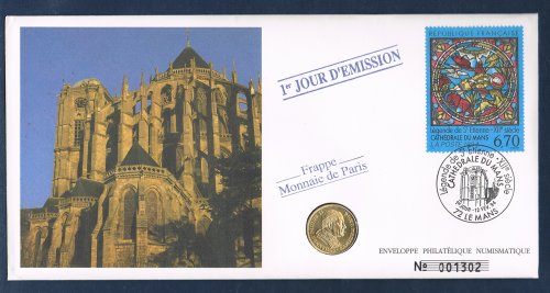 Offre spéciale: Enveloppe philatélique numismatique 1er jour d'émission affranchie avec 1 timbres poste + d'une médaille commémorative en bronze, frappe courante du Jean-Paul II. Monnaie de Paris.