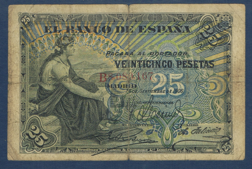 Billet de banque Espagne valeur en chiffres 25 pesetas, numéro de contrôle du billet  B8, 080, 167. date de création Madrid, 24 de Septembre de 1906, état T.B.- billet usagé mais état correct.