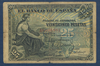Billet de banque Espagne valeur en chiffres 25 pesetas, numéro de contrôle du billet  A8, 694, 881. date de création Madrid, 24 de Septembre de 1906, état T.B.- billet usagé mais état correct.