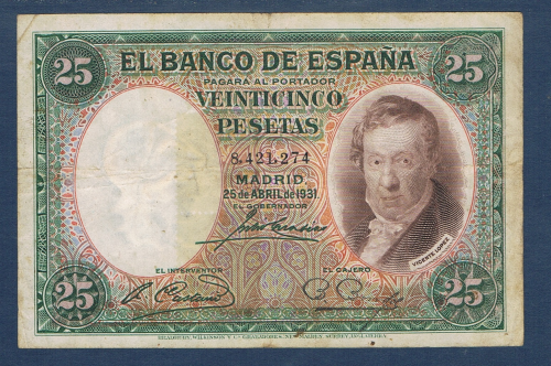Billet de banque Espagne valeur en chiffres 25 pesetas, numéro de contrôle du billet  8, 421, 274. date de création Madrid, 26 de Avril de 1931, état T.B.- billet usagé mais état correct.