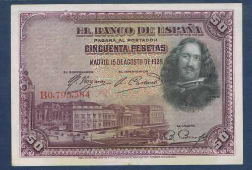 Billet de banque Espagne valeur en chiffres 50 pesetas, numéro de contrôle du billet  B0, 795, 384. date de création Madrid, 15 de Agosto = Août de 1928, état de conservation superbe.