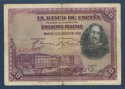 Billet de banque Espagne valeur en chiffres 50 pesetas, numéro de contrôle du billet  6, 428, 303. date de création Madrid, 15 de Août de 1928, état de conservation T.B. quelque coupures et salissures