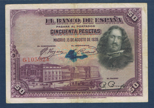 Billet de banque Espagne valeur en chiffres 50 pesetas, numéro de contrôle du billet  6, 103, 524. date de création Madrid, 15 de Août de 1928, état de conservation T.B. quelque coupures et salissures