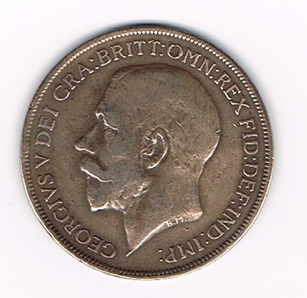 Pièce Grande Bretagne 1 on penny 1921  bronze, type Georgivs V. Descriptif: Portait de profil gauche de George V. DEI. GRA: BRITT: Omn: REX FID: DEF: IND: IMP: Etat  T.T.B.+  bel platine.