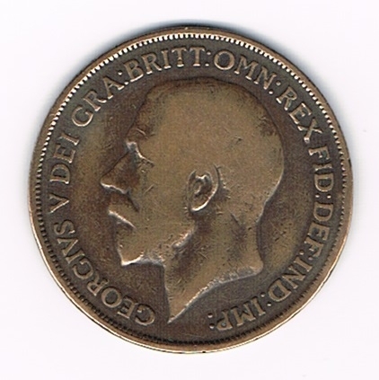 Pièce Grande Bretagne 1 on penny 1918  bronze, type Georgivs V. Descriptif: Portait de profil gauche de George V. DEI. GRA: BRITT: Omn: REX FID: DEF: IND: IMP: Etat  T.T.B.+  bel platine.