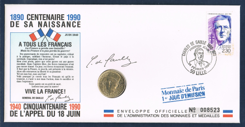 Enveloppe philatélique numismatique 1er jour d'émission affranchie 1 timbres poste à l'effigie du Général de Gaulle + une médaille commémorative à l'effigie Charles de Gaulle Frappe  Monnaie de Paris.