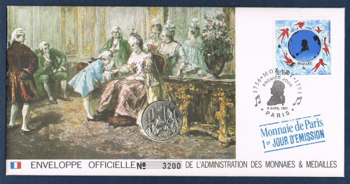 Enveloppe affranchie 1 timbre Mozart + médaille éffigie Mozart