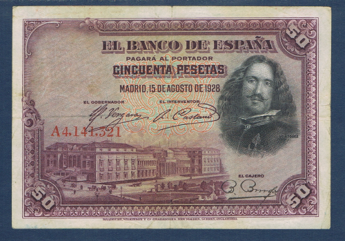Billet de banque Espagne valeur en chiffres 50  pesetas, numéro de contrôle du billet  A4, 141, 321,  date de création  Madrid, 15 de Agosto = Août de 1928,  état de conservation T.T.B.