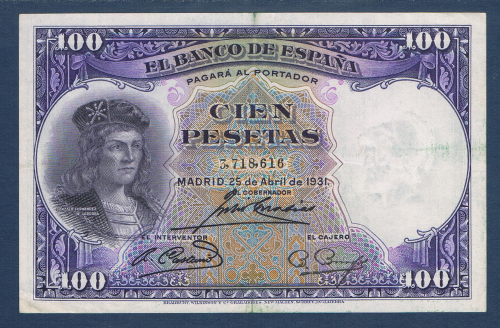 Billet de banque Espagne valeur en chiffres 100 pesetas, numéro de contrôle du billet  3, 718, 616,  date de création Madrid, 25 de Avril de 1931, état de conservation T.T.B.