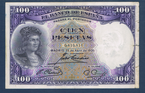 Billet de banque Espagne valeur en chiffres 100 pesetas, numéro de contrôle du billet  0, 610, 816, date de création Madrid, 25 de Avril de 1931, état de conservation T.T.B.
