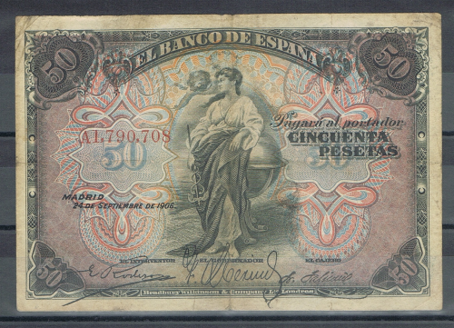 Billet de banque Espagne valeur en chiffres 50  pesetas, numéro de contrôle du billet  A1, 790, 708,  date de création  Madrid, 24 de Septembre de 1906,  état de conservation T.T.B.