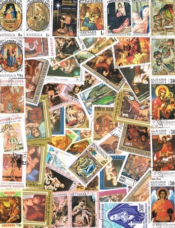 Pochette 100 timbres différents religion grand format Promo