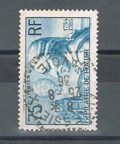 Timbre de France type 75 c. bleu vert de 1936. Réf Yvert & Tellier N° 313 oblitéré. Descriptif: Buste de  l'aéronaute François  Pilâtre de Rozier. 1756 / 1785. Lot N° 3.