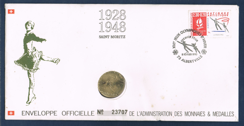 Enveloppe philatélique-numismatique 1 er jour d'émission affranchie d'un timbre poste pour célébrer les Jeux Olympique d'hiver  Alberville 1992 + une Médaille commémorative des Jeux Olympiques 92.
