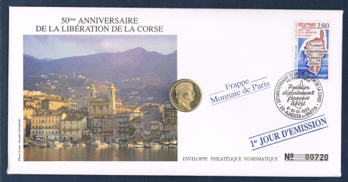 Enveloppe philatélique-numismatique 1 er jour d'émission affranchie d'un timbre poste du 50 ème anniversaire de la Libération de la Corse + d'une médaille commémorative.