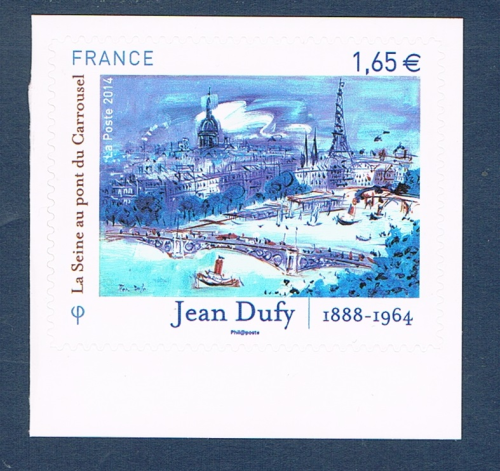 Timbre autoadhésif musée imaginaire. Jean Dufy fût le peintre de la couleur ses oeuvres rythmées racontent Paris et ses monuments-sur ce timbre la Seine au pont du Carrousel.