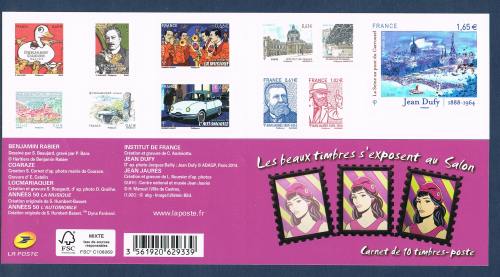 Carnet de 10 timbres autocollants édition spéciale salon planète timbres 2014. Sous une couverture ornée d'un triptyque de portraits en dégradé d'une Marianne.