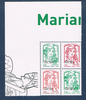 Bloc de 4 timbres Marianne & la jeunesse surchargée 2014 avec variétés et curiosités de surcharge défectueuse. Bloc de 4 timbres dont 2 timbres rouge et 2 timbres lettre verte.