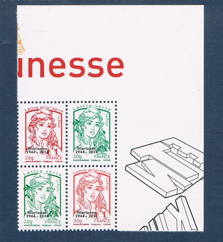 Marianne la jeunesse surchargée bloc 4 timbres haut de feuille