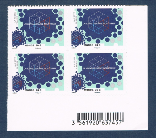 Bloc de 4 timbres autocollants identiques la nouvelle France industrielle à validité permanente. Descriptif: Timbres adhésifs 2014 pour lettre en destination de l'envoi monde.