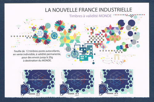 Bande de 3 timbres autocollants identiques la nouvelle France industrielle à validité permanente. Descriptif: Timbres adhésifs 2014 pour lettre en destination de l'envoi monde.
