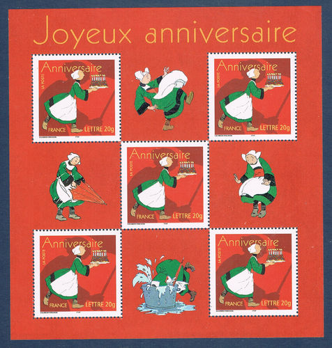 Bloc 5 timbres Bécassine portant gâteau Joyeux anniversaire