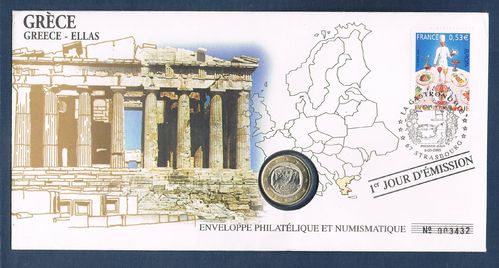 Enveloppe numismatique comprenant une pièce de 1€ de Grèce