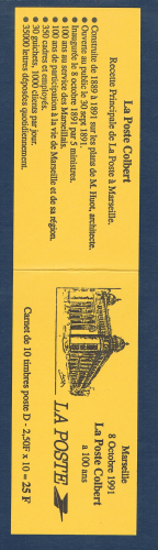 Carnet 10 timbres type Marianne de Briat - lettre D -rouge dentelé. Réf 2712-C1. Carnet 10 timbres - Marseille la poste Colbert , tirage officiel.