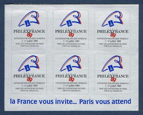Vignettes autocollants philexfrance 89. Exposition philatélique mondiale du 7 - 17 juillet 1989. Parc des exposition de Paris porte de Versailles.