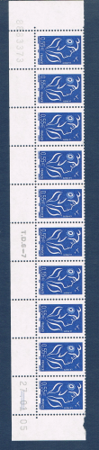 Timbres de France type Marianne de Lamouche, bande de 10 timbres bas de feuille coin daté du 27. 01. 05. Réf 3755 neufs. Commentaire: Timbre de 0,55€ bleu, légende ITVT.