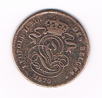 Pièce de 2 centimes 1870 Belgique Léopold II métale cuivre. qualité T.T.B. Commentaire. Pièce Léopold II  2 cent 1870, légende Française.
